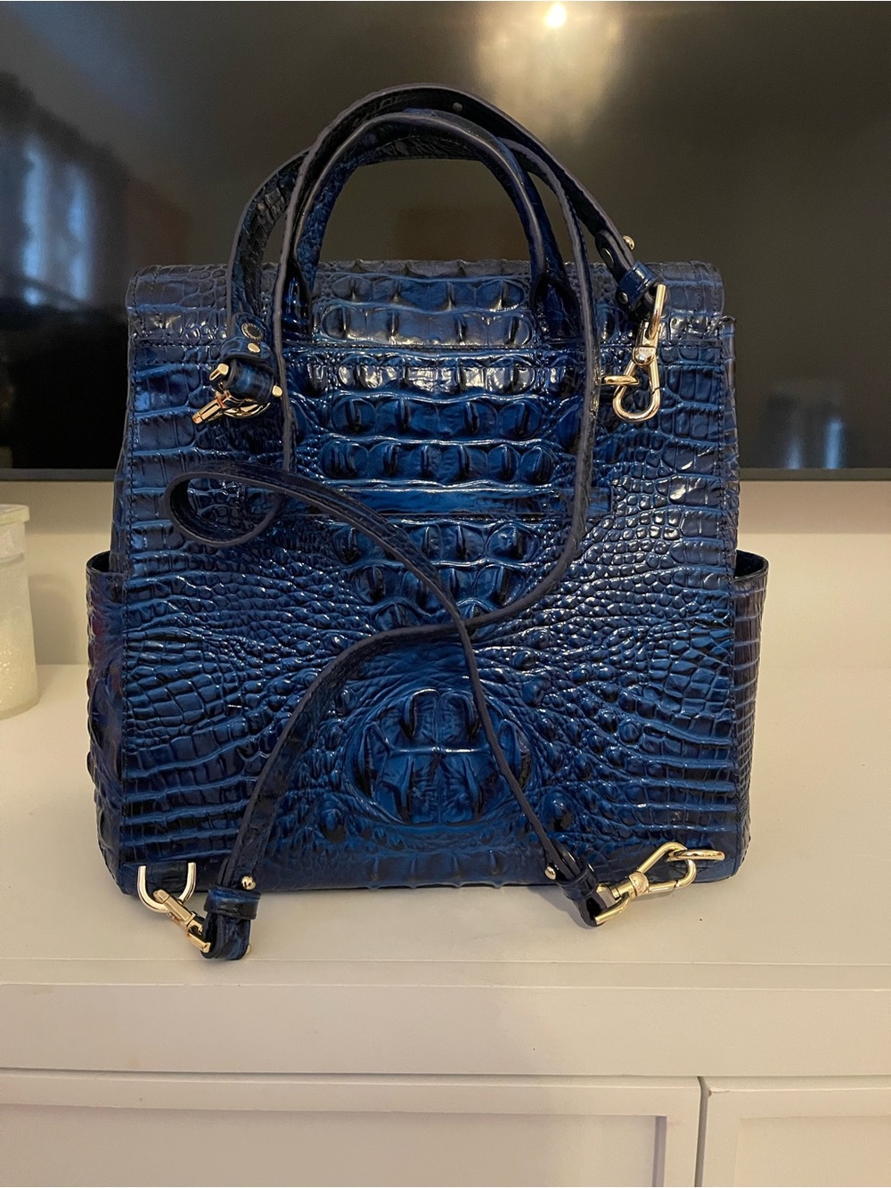 Brahmin Navy Croc-Embossed Leather Backpack with Gold Hardware - Picture 3 of 7